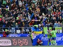 Seattle Sounders players and fans celebrate a goal scored by Seattle Sounders midfielder Albert Rusnak on November 11, 2023